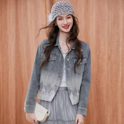 Autumn simple casual lace spliced turn-down collar women’s jean jacket denim coat