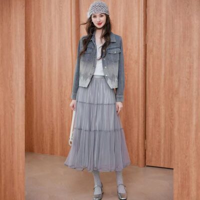 Autumn simple casual lace spliced turn-down collar women’s jean jacket denim coat