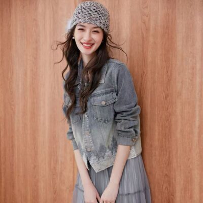 Autumn simple casual lace spliced turn-down collar women’s jean jacket denim coat