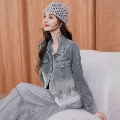 Autumn simple casual lace spliced turn-down collar women’s jean jacket denim coat