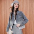 Autumn simple casual lace spliced turn-down collar women’s jean jacket denim coat