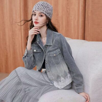 Autumn simple casual lace spliced turn-down collar women’s jean jacket denim coat