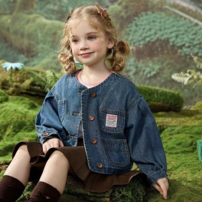 Spring round neck girls kids jean jacket light denim coat