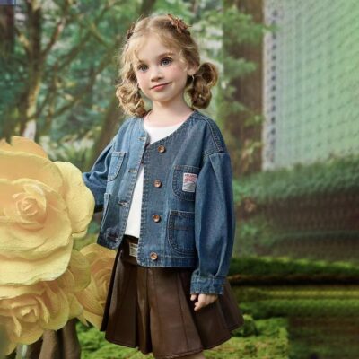 Spring round neck girls kids jean jacket light denim coat