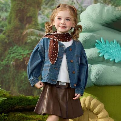 Spring round neck girls kids jean jacket light denim coat
