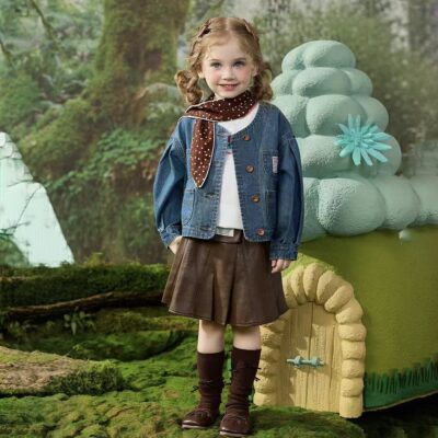 Spring round neck girls kids jean jacket light denim coat