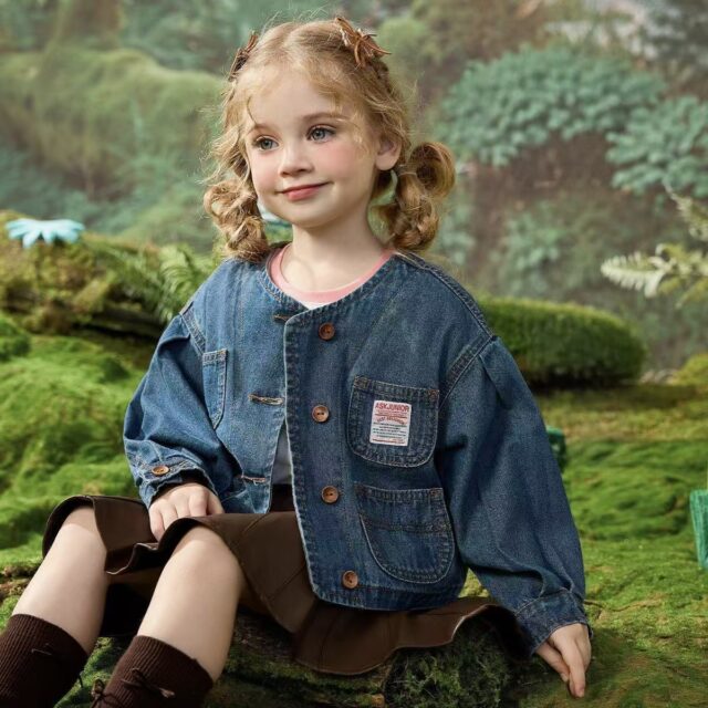 Spring round neck girls kids jean jacket light denim coat