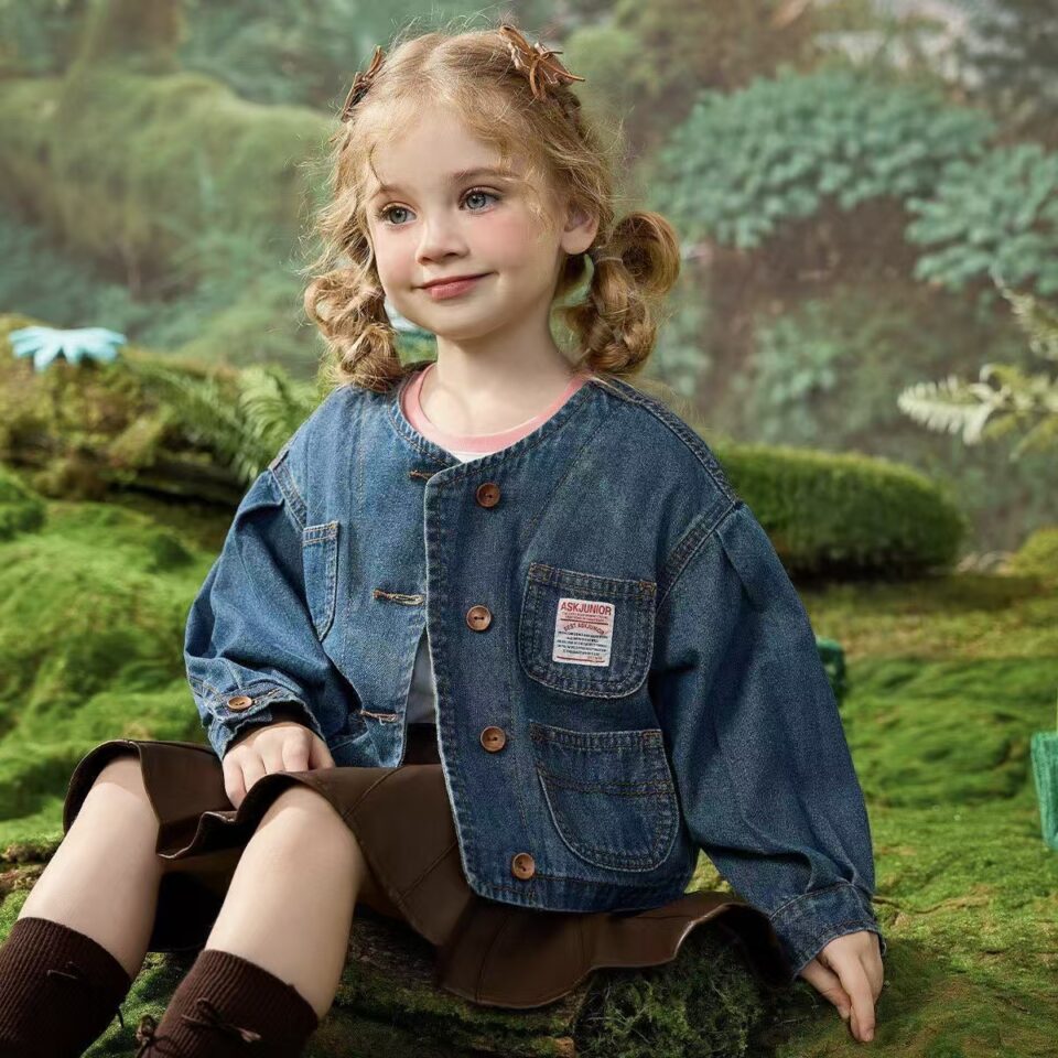 Spring round neck girls kids jean jacket light denim coat