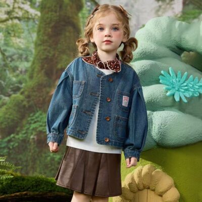 Spring round neck girls kids jean jacket light denim coat