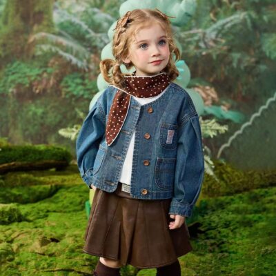 Spring round neck girls kids jean jacket light denim coat