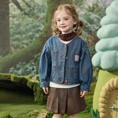 Spring round neck girls kids jean jacket light denim coat