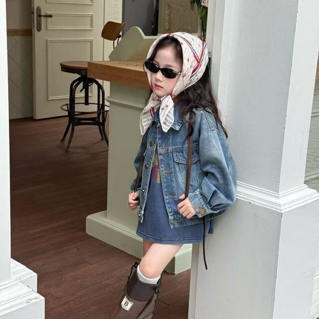 Loose-fit vintage kids jean jacket casual denim coat