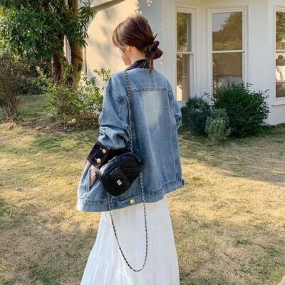 Vintage premium color block spliced spring women’s jean jacket denim coat