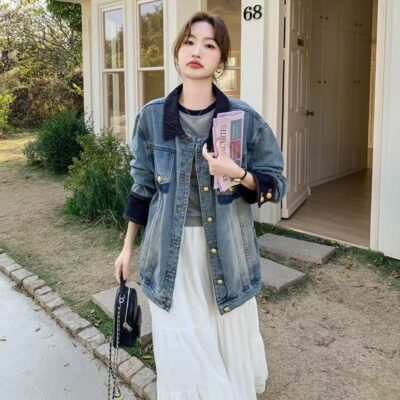 Vintage premium color block spliced spring women’s jean jacket denim coat