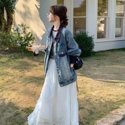 Vintage premium color block spliced spring women’s jean jacket denim coat