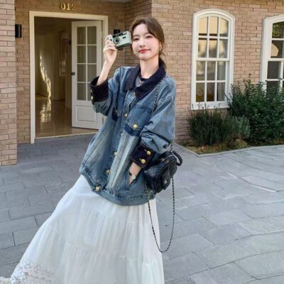 Vintage premium color block spliced spring women’s jean jacket denim coat