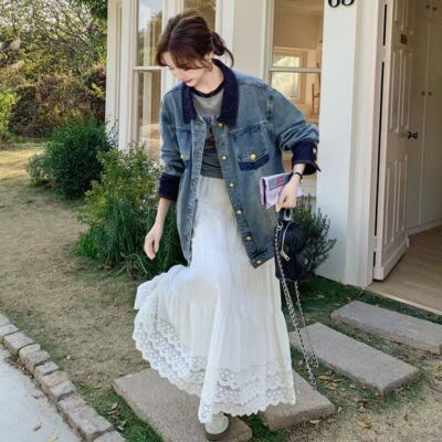 Vintage premium color block spliced spring women’s jean jacket denim coat