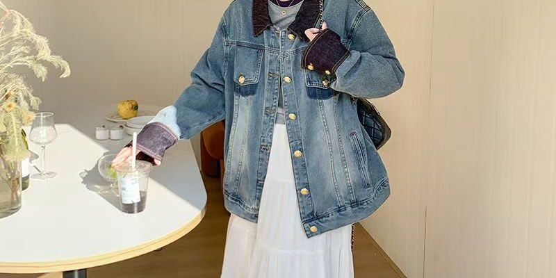 Vintage premium color block spliced spring women’s jean jacket denim coat