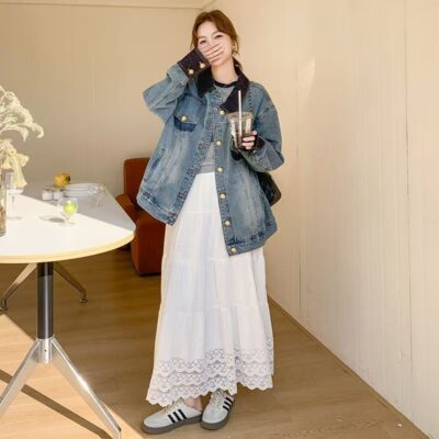Vintage premium color block spliced spring women’s jean jacket denim coat