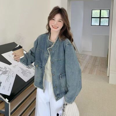 Spring new fashion vintage blue loose women’s jean jacket denim coat