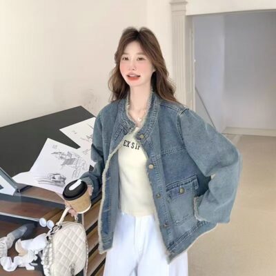 Spring new fashion vintage blue loose women’s jean jacket denim coat