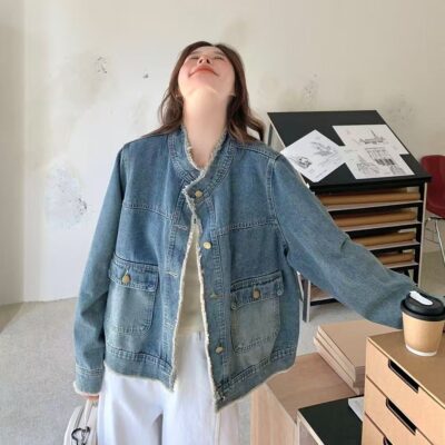 Spring new fashion vintage blue loose women’s jean jacket denim coat