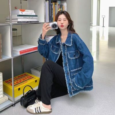 Vintage blue tassel Chanel style autumn women’s jean jacket denim coat