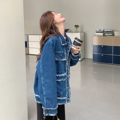 Vintage blue tassel Chanel style autumn women’s jean jacket denim coat