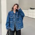 Vintage blue tassel Chanel style autumn women’s jean jacket denim coat