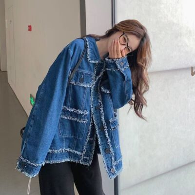 Vintage blue tassel Chanel style autumn women’s jean jacket denim coat