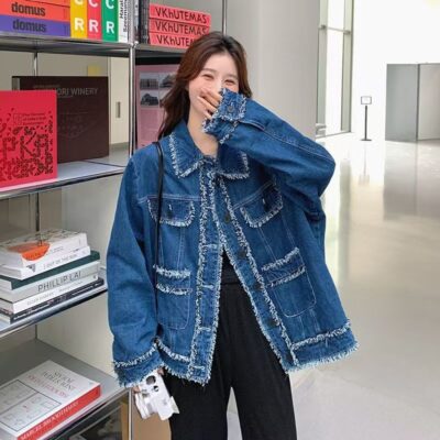Vintage blue tassel Chanel style autumn women’s jean jacket denim coat