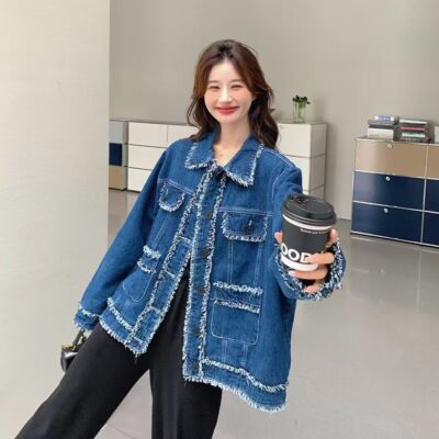 Vintage blue tassel Chanel style autumn women’s jean jacket denim coat