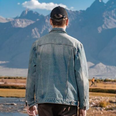 Loose fit vintage turn-down collar men’s jean jacket denim outerwear