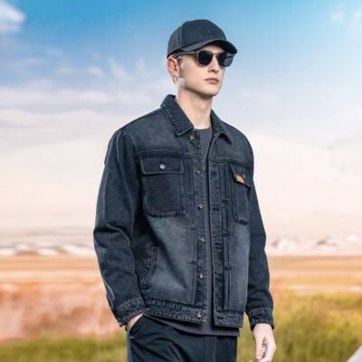 Loose fit vintage turn-down collar men’s jean jacket denim outerwear