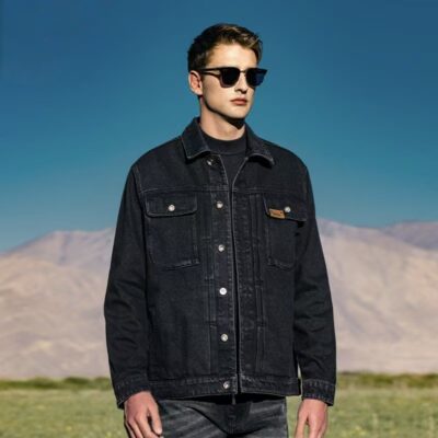 Loose fit vintage turn-down collar men’s jean jacket denim outerwear