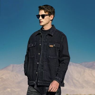 Loose fit vintage turn-down collar men’s jean jacket denim outerwear