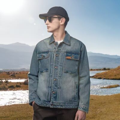 Loose fit vintage turn-down collar men’s jean jacket denim outerwear