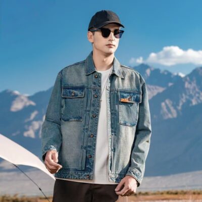 Loose fit vintage turn-down collar men’s jean jacket denim outerwear