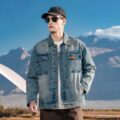 Loose fit vintage turn-down collar men’s jean jacket denim outerwear