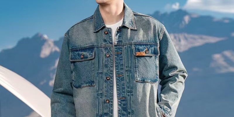 Loose fit vintage turn-down collar men’s jean jacket denim outerwear
