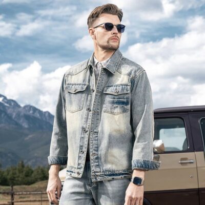 Autumn American vintage casual collar men’s jean jacket