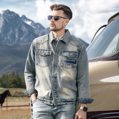 Autumn American vintage casual collar men’s jean jacket