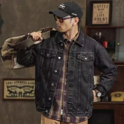 Spring autumn loose collar black grey men’s jean jacket