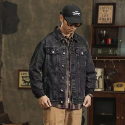 Spring autumn loose collar black grey men’s jean jacket