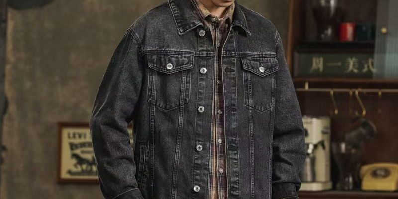 Spring autumn loose collar black grey men’s jean jacket