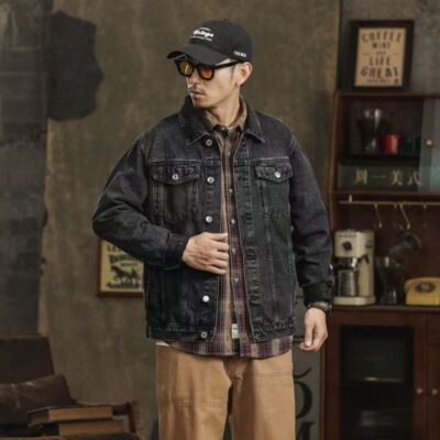 Spring autumn loose collar black grey men’s jean jacket