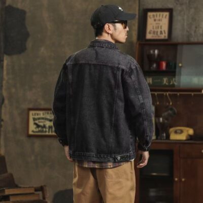 Spring autumn loose collar black grey men’s jean jacket