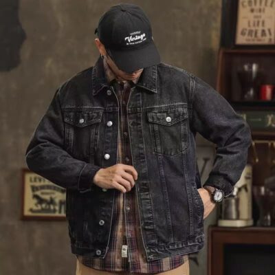 Spring autumn loose collar black grey men’s jean jacket