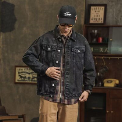 Spring autumn loose collar black grey men’s jean jacket