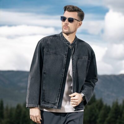 American vintage autumn black stand collar men’s jean jacket